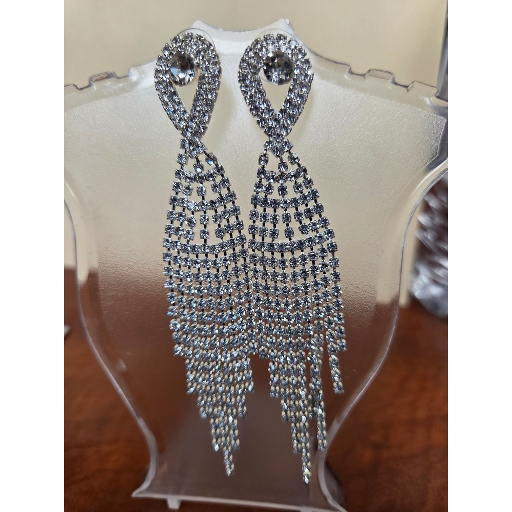 Silver Rhinestone Fringe Drop Earrings Cascading Crystal Chandelier Statement
